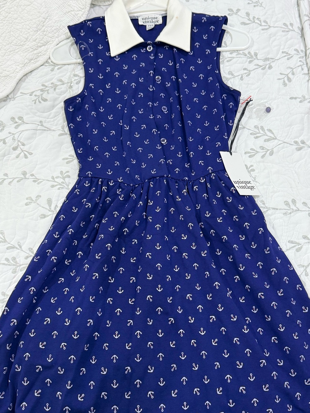 Unique Vintage Navy Blue Anchor Print Sleeveless Dress with Cream Collar